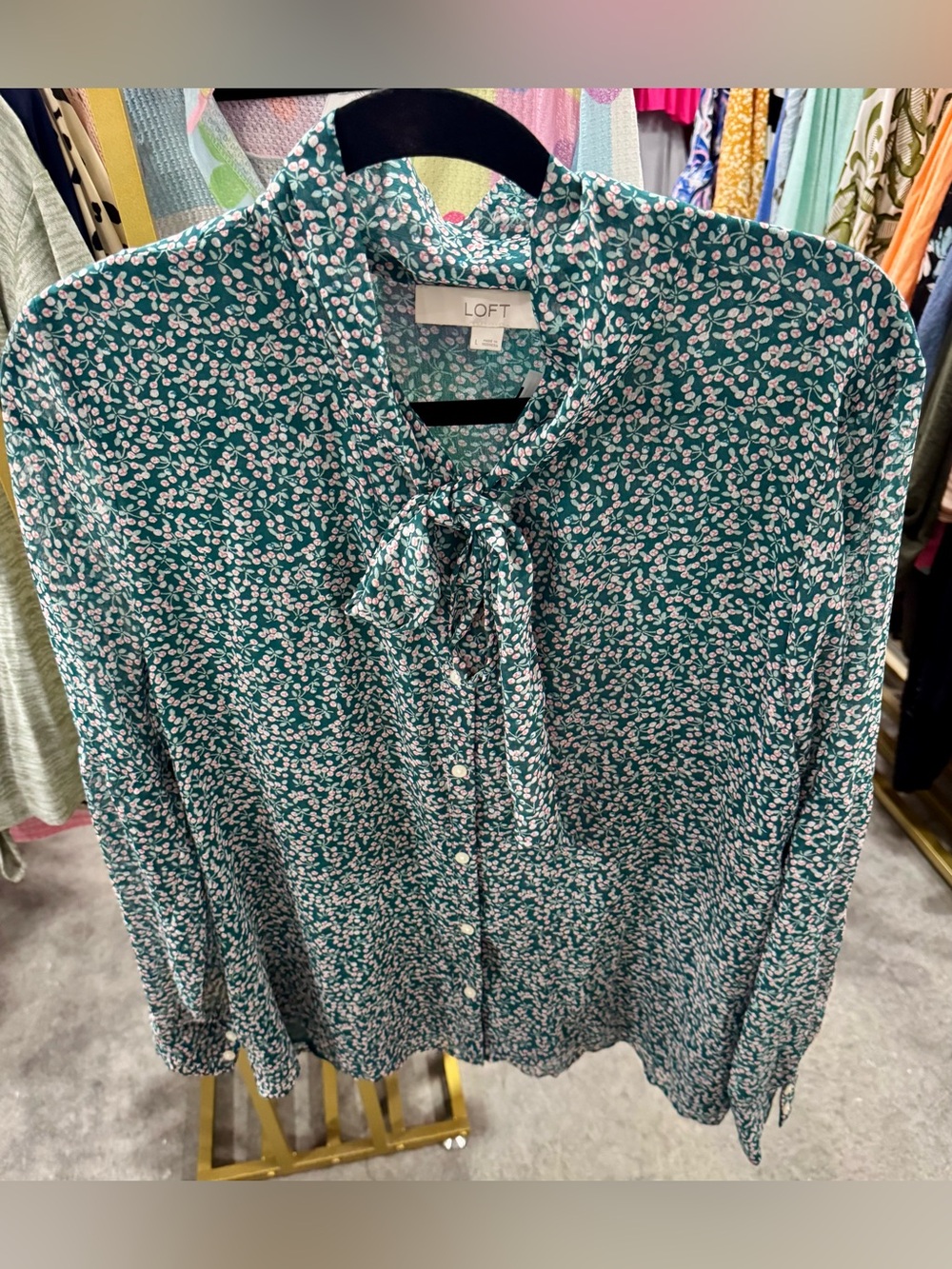 LOFT Teal Green Button-Front Tie-Neck Floral Blouse